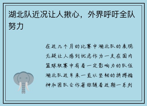 湖北队近况让人揪心，外界呼吁全队努力