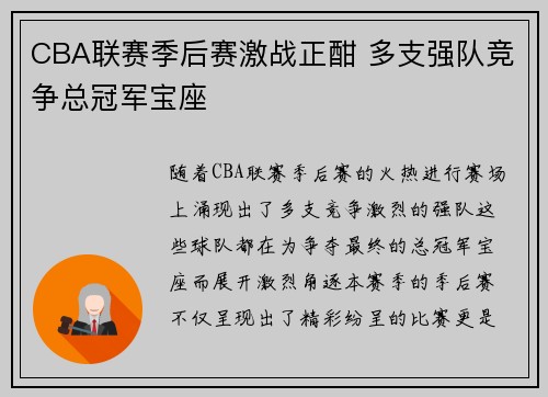 CBA联赛季后赛激战正酣 多支强队竞争总冠军宝座