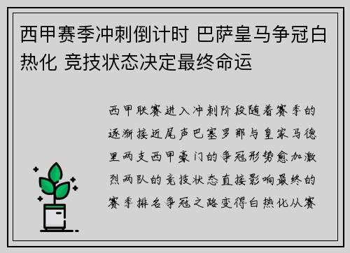 西甲赛季冲刺倒计时 巴萨皇马争冠白热化 竞技状态决定最终命运