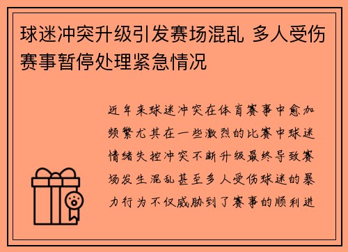 球迷冲突升级引发赛场混乱 多人受伤赛事暂停处理紧急情况